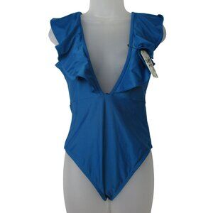 SPORLIKE Women One Piece Swimsuit V-Neck Ruffle Bathing Suit Blue Coastal Flirty